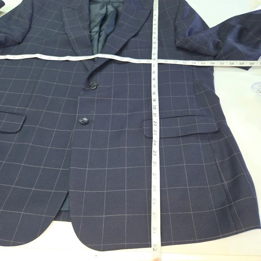 Paul Fredrick Blazer Mens 50R Navy Blue Windowpane‎ Wool Classic Fit Jacket